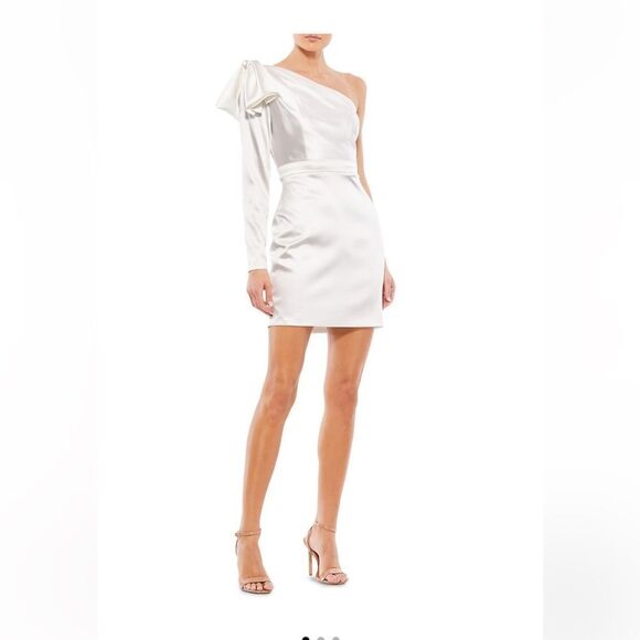 Ieena for Mac Duggal Bow Sleeve Satin Mini Dress NWT - Picture 1 of 8